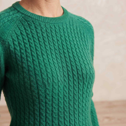 Women's cable-knit cashmere crewneck sweater, Grace in Kelly Green - view 6