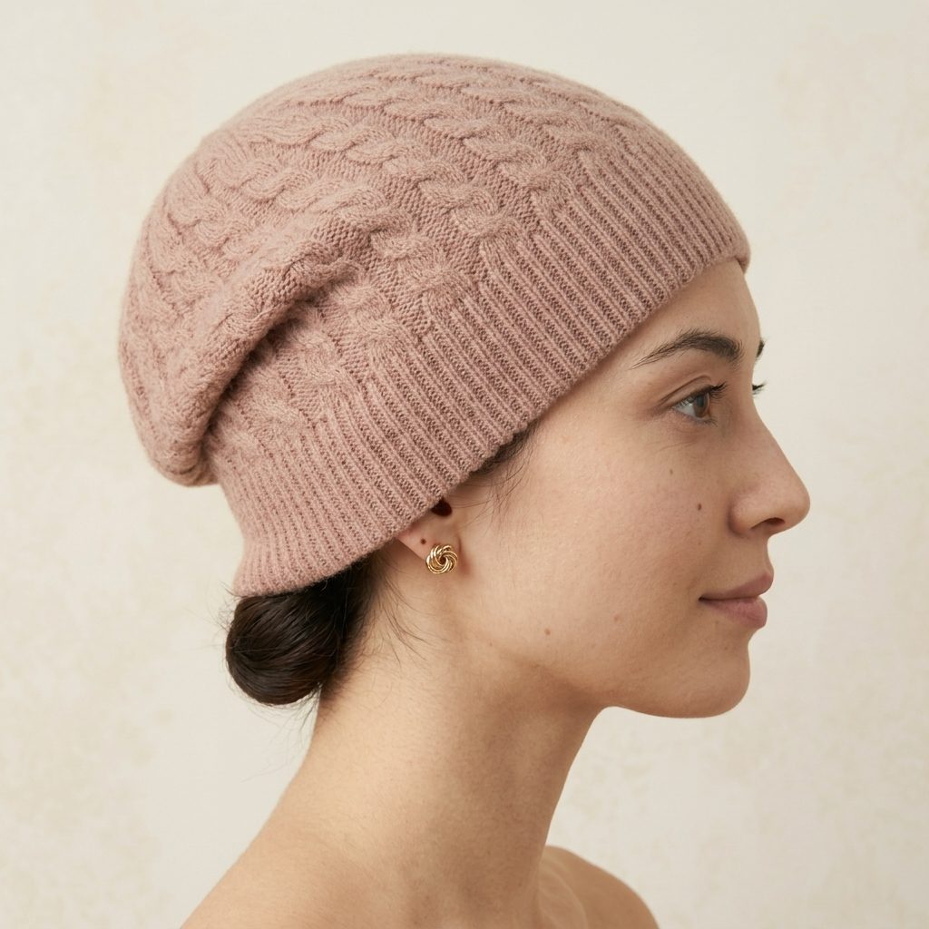 WCBP Women's Cashmere Beanie - Heritage Cable Knit Blush Pink 4