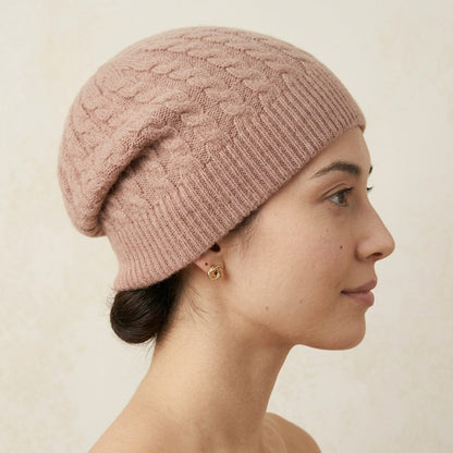WCBP Women's Cashmere Beanie - Heritage Cable Knit Blush Pink 4