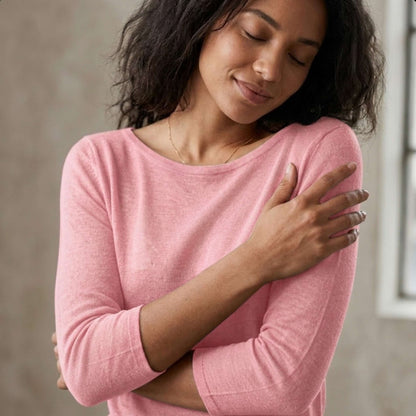 Pure Cashmere Gossamer Boatneck Top With 3/4 Sleeve For Women - Blush Pink