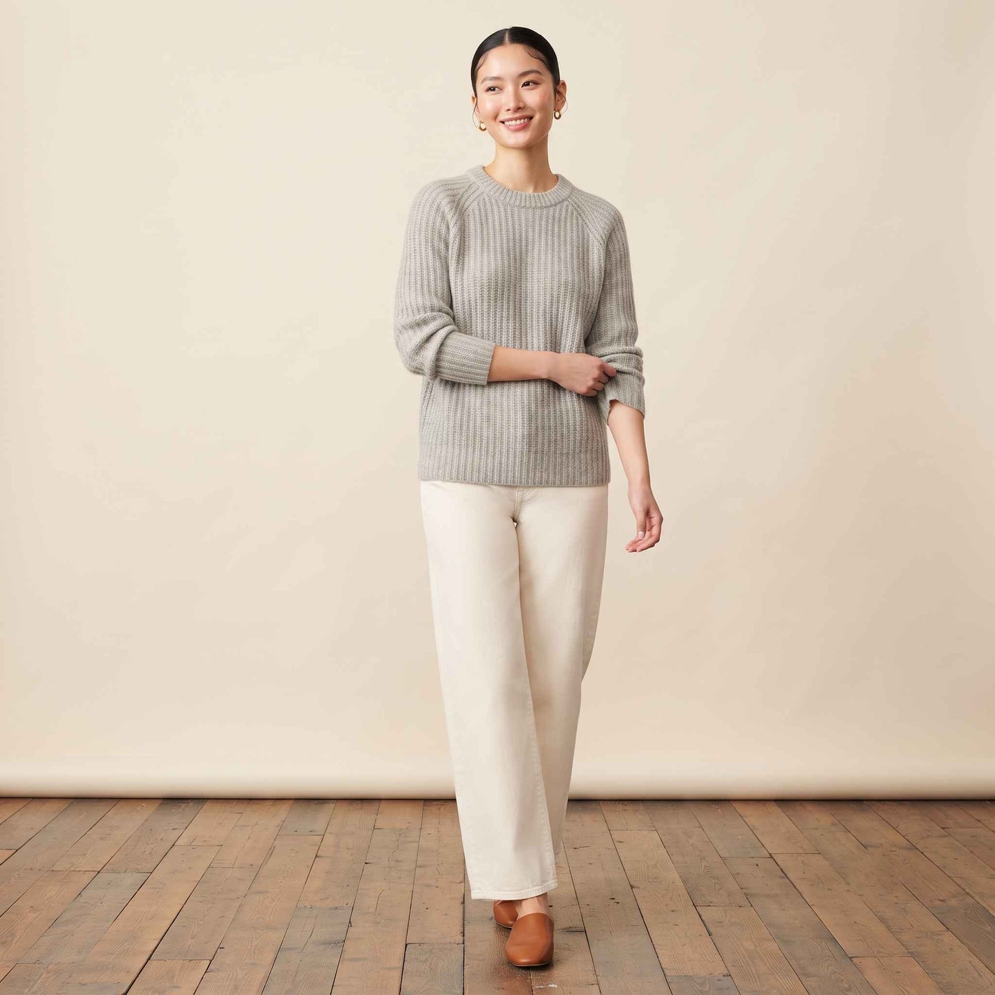 Women's Cashmere Sweater - Ella Ribbed in Light Grey Melange - view 5