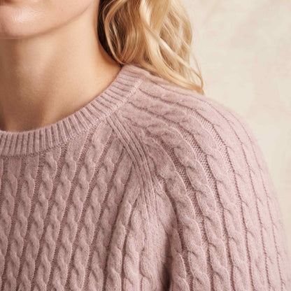 Women's cable-knit cashmere crewneck sweater, Grace in Blush Pink - view 5