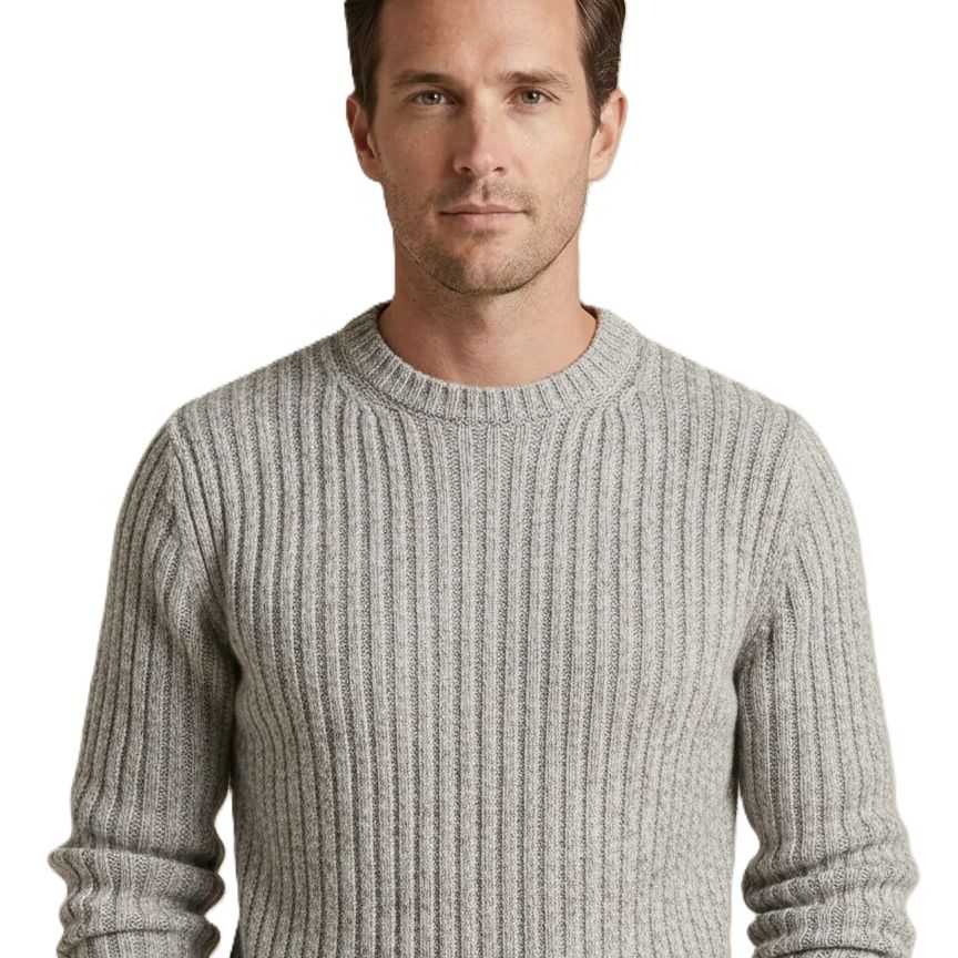 Man wearing a gray ribbed sweater on a white background
