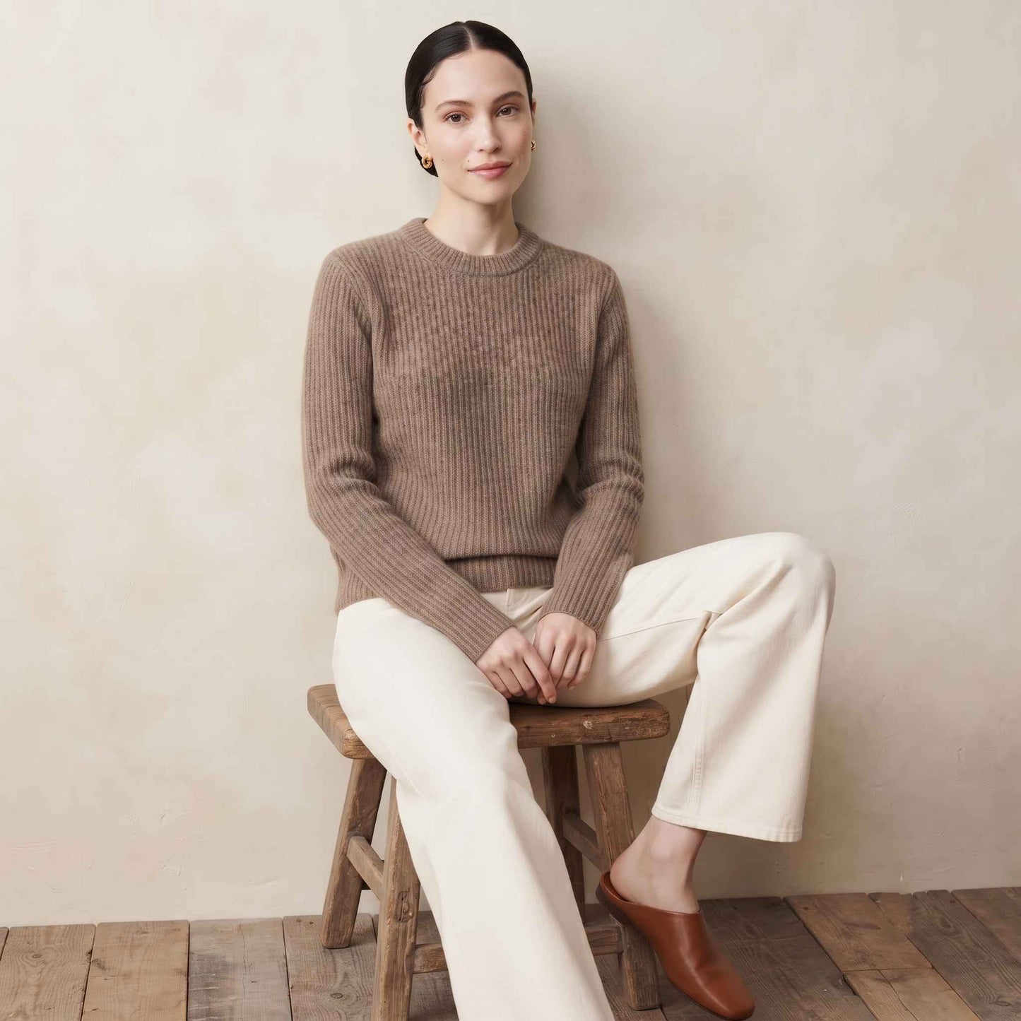 Women's Cashmere Sweater - Ella Ribbed in Toast Melange - view 6