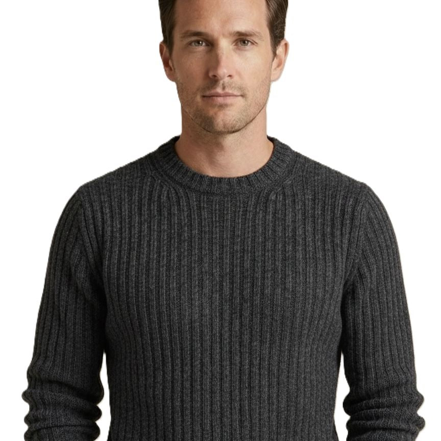 Man wearing a dark gray ribbed sweater on a white background