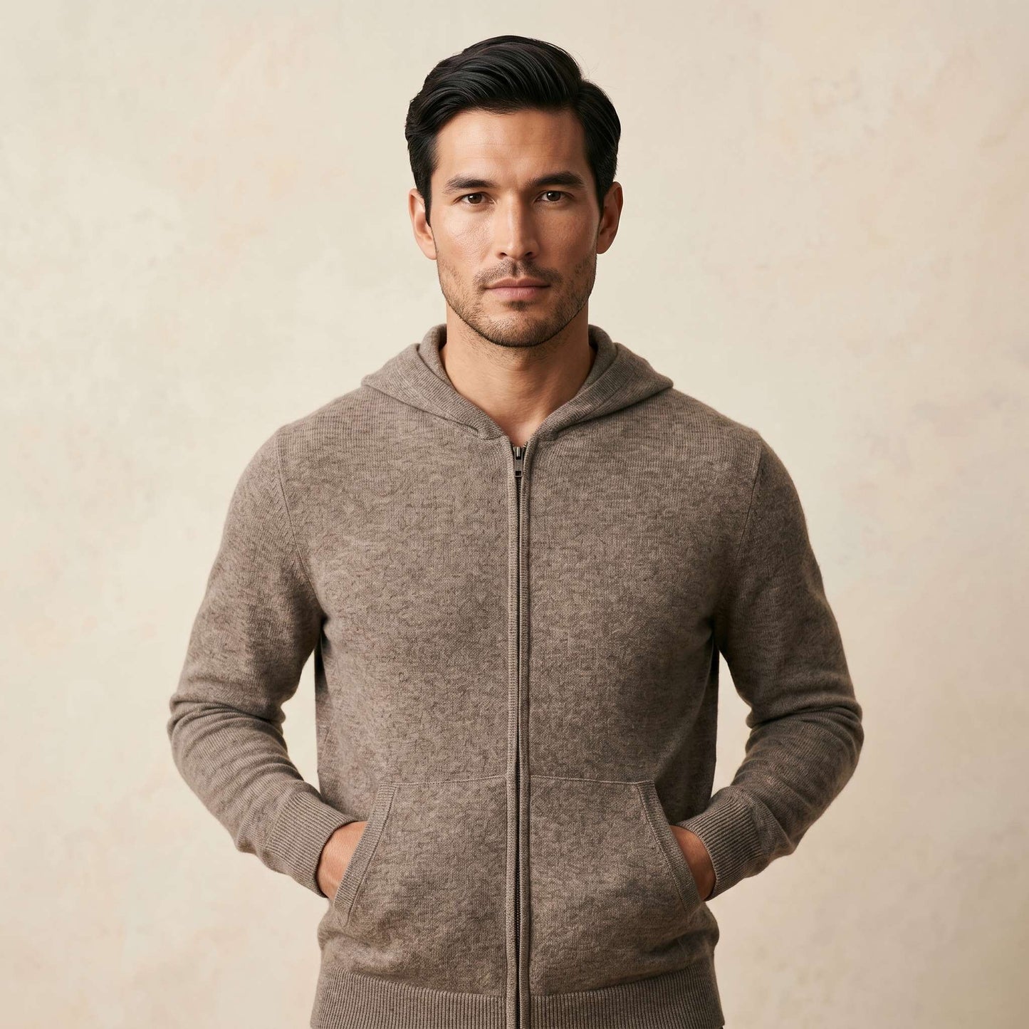 Original Kora Zip Undyed Himalayan Cashmere Hoodie For Men in Toast Melange — Himalayan cashmere, view 1