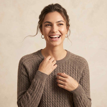Women's cable-knit cashmere crewneck sweater, Grace in Brown - view 2