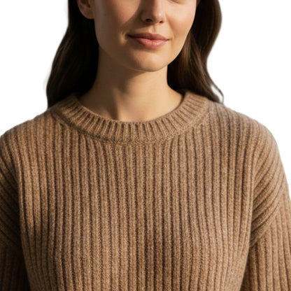 Ella Ribbed Hand-Knitted Himalayan Cashmere Sweater For Women - Toast Melange