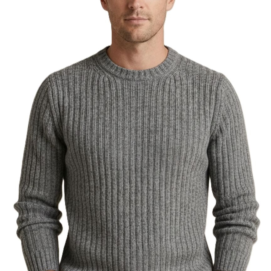 Man wearing a gray ribbed sweater on a white background