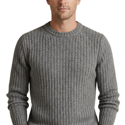 Man wearing a gray ribbed sweater on a white background