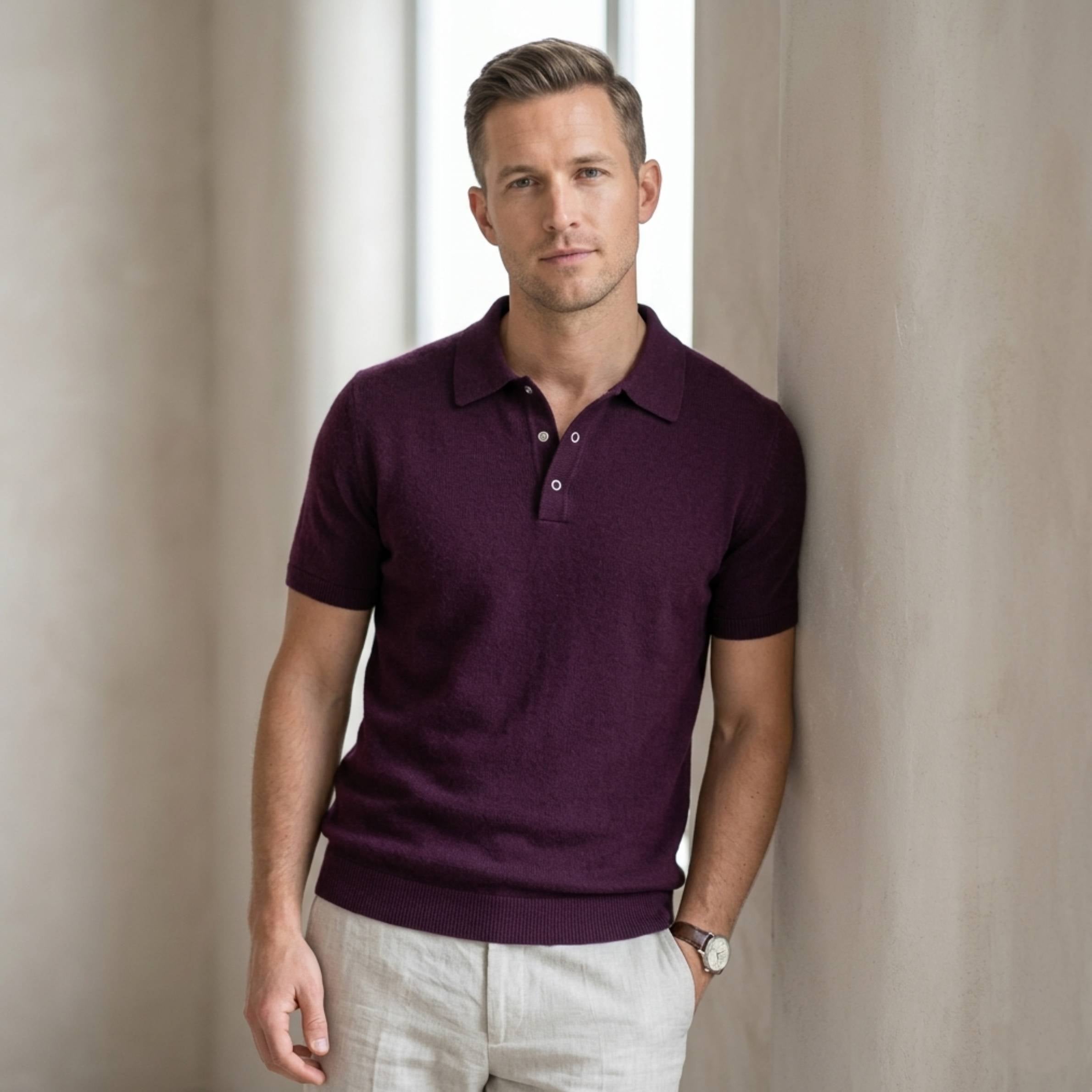Men's Pure Cashmere Short Sleeve Polo T-Shirt - Lumusae