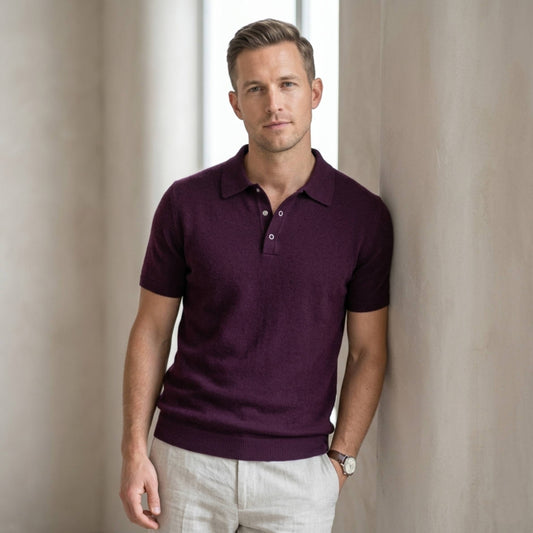 Pure Cashmere Polo T-Shirt Men | Short Sleeve Knit Polo | Snap Button | Handcrafted in Nepal