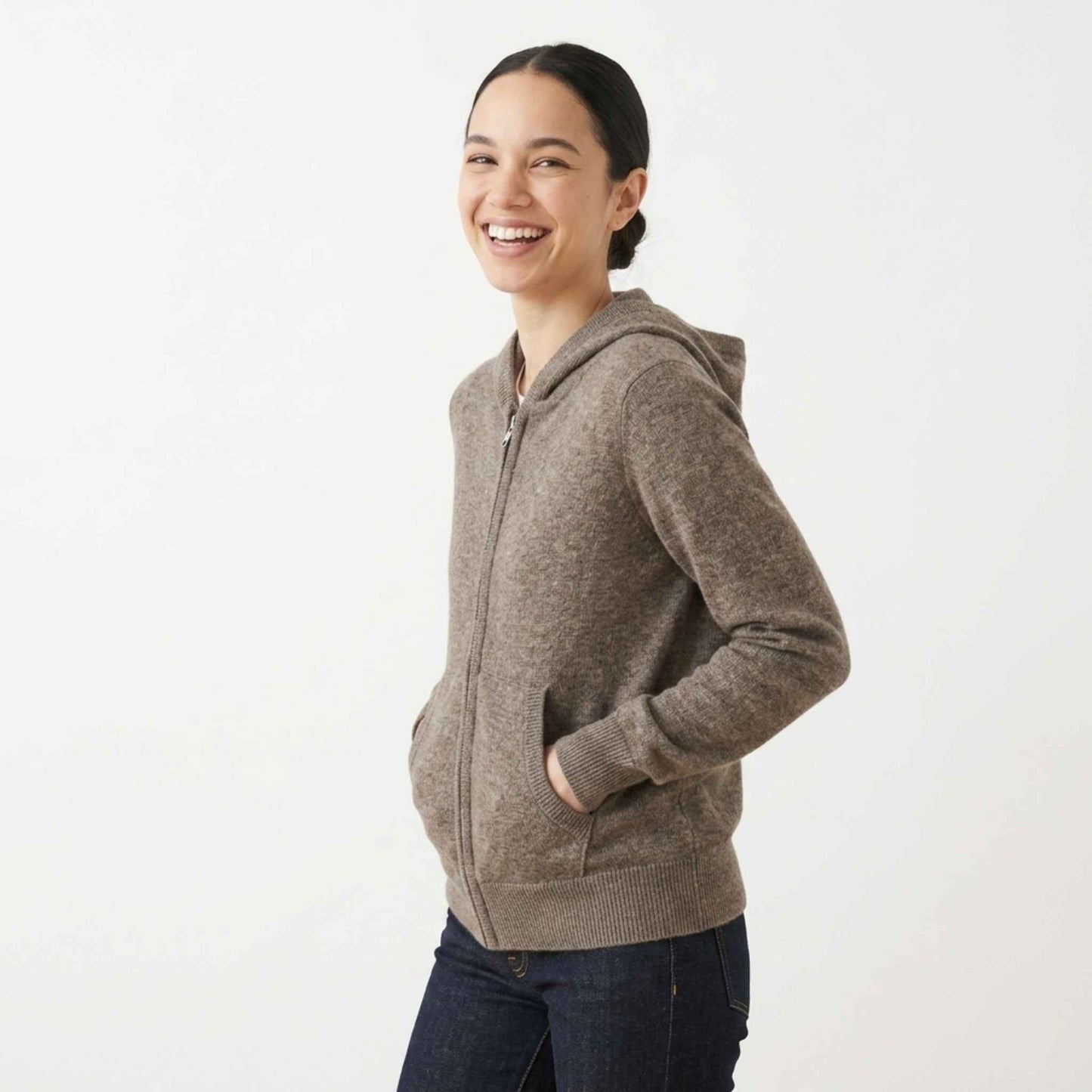 100% Undyed Cashmere Women's Zip Hoodie — Natural Melange, Chemical-Free