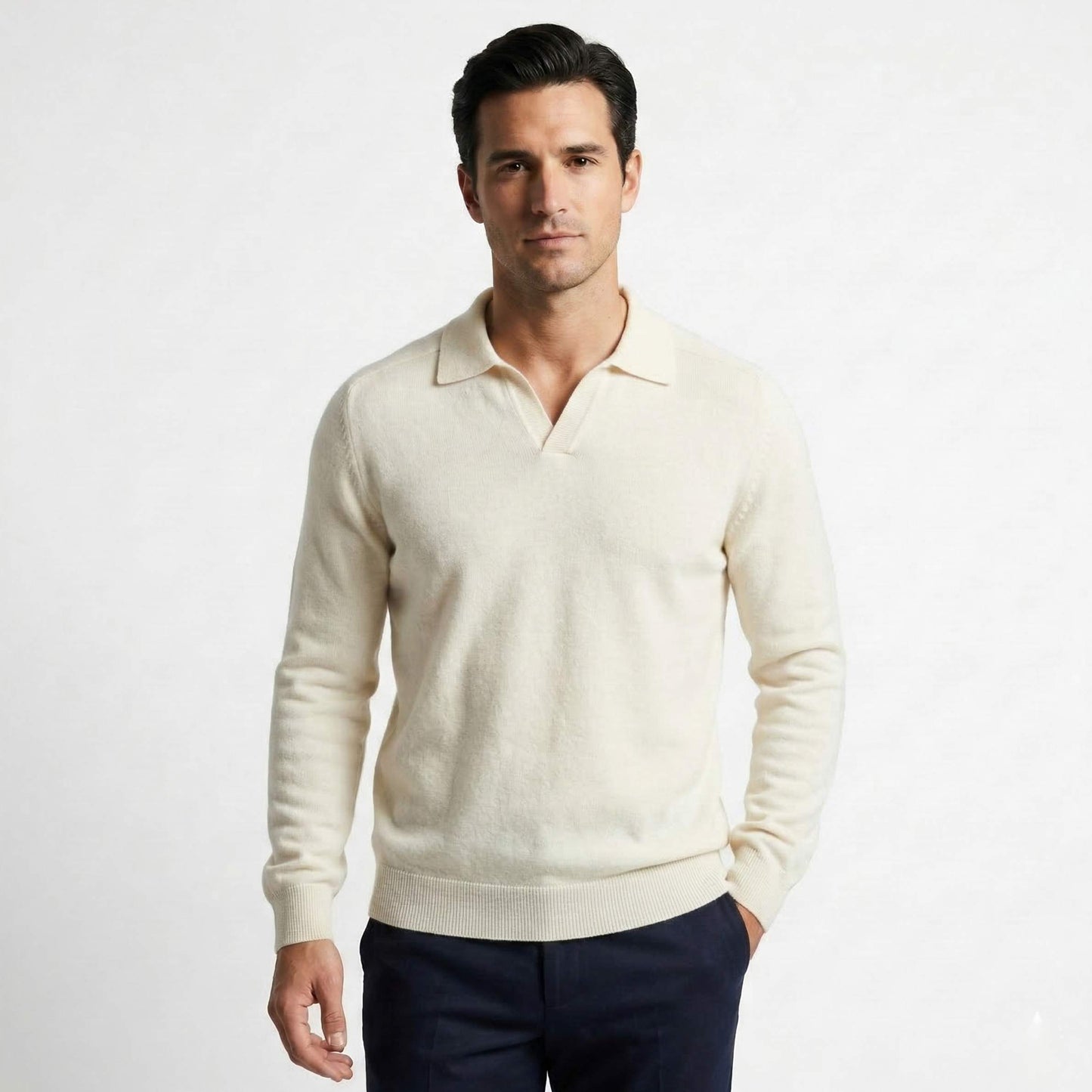 Pure Cashmere Polo Sweater | Men's Johnny Collar | 250g Himalayan Cashmere | Handcrafted in Nepal | Lumusae - Off White 1