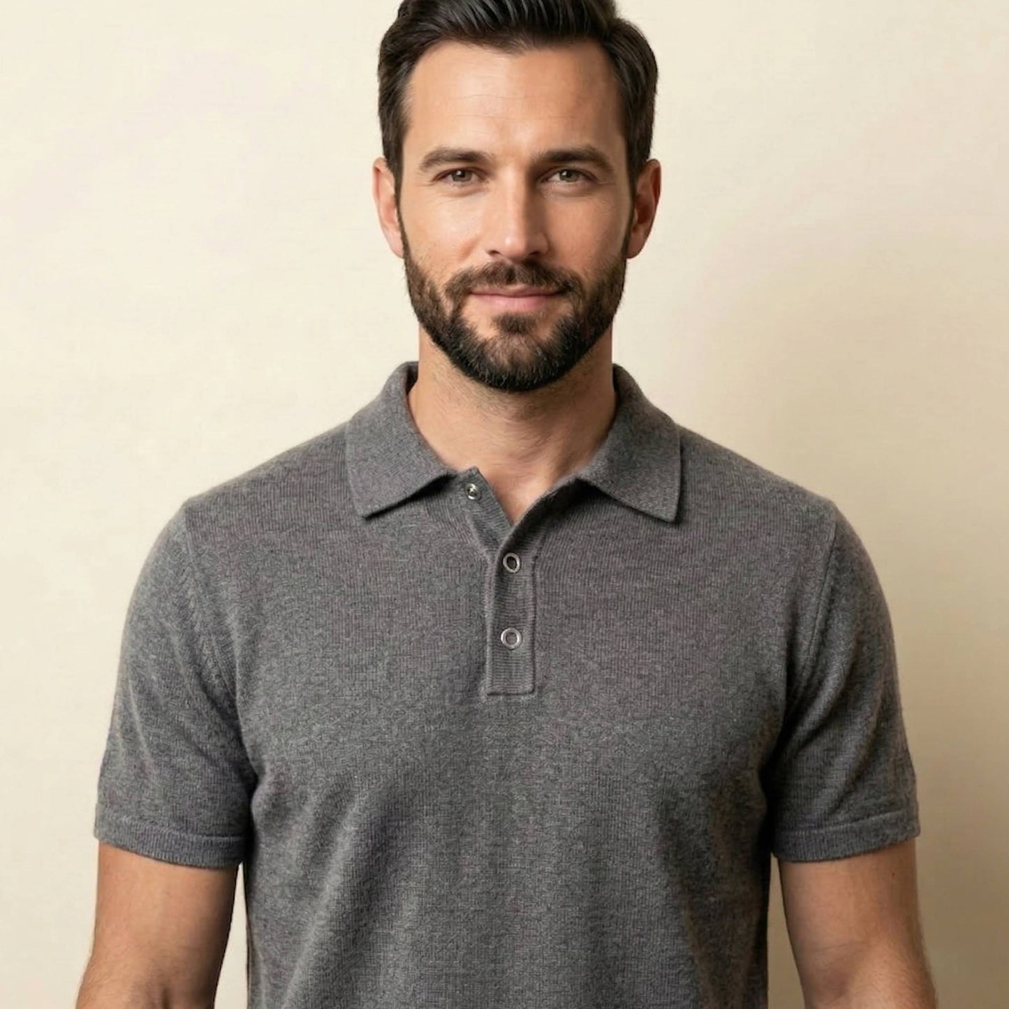 Pure Cashmere Polo T-Shirt Men | Short Sleeve Knit Polo | Snap Button | Handcrafted in Nepal | Heather Gray