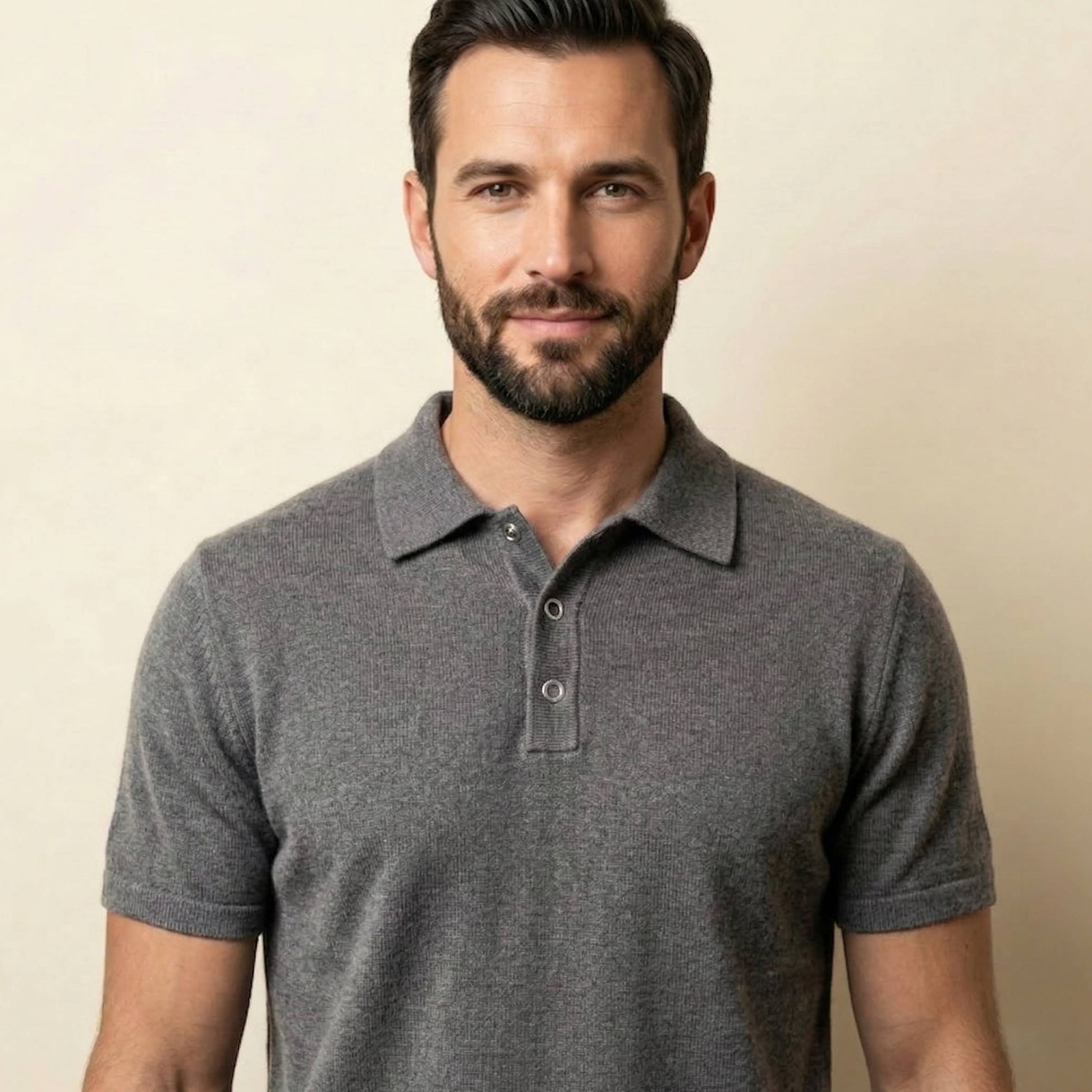 Pure Cashmere Polo T-Shirt Men | Short Sleeve Knit Polo | Snap Button | Handcrafted in Nepal | Heather Gray
