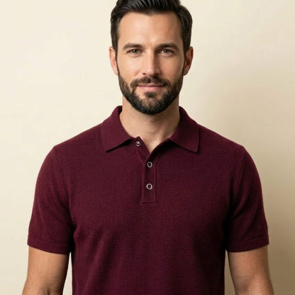 Pure Cashmere Polo T-Shirt Men | Short Sleeve Knit Polo | Snap Button | Handcrafted in Nepal | Wine Red
