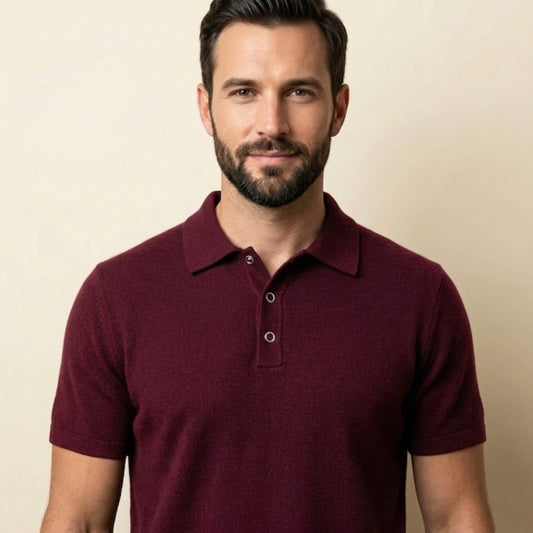 Pure Cashmere Polo T-Shirt Men | Short Sleeve Knit Polo | Snap Button | Handcrafted in Nepal | Wine Red