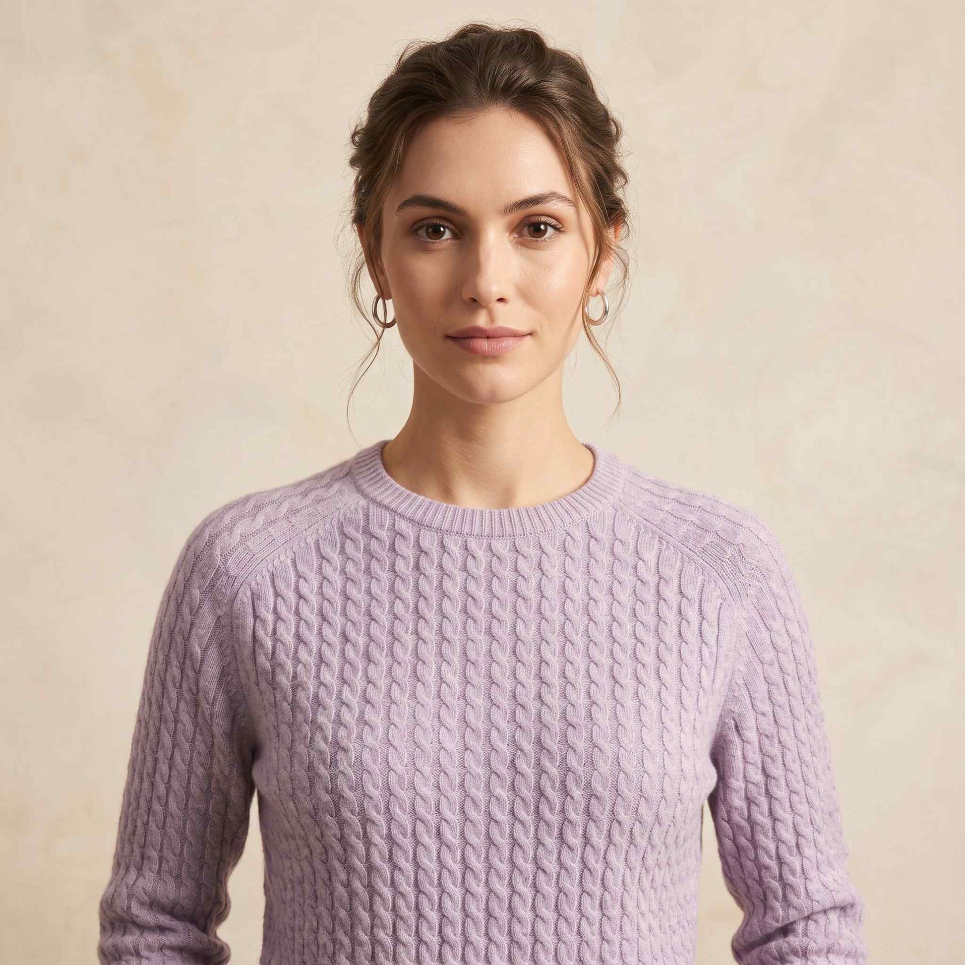 Women's cable-knit cashmere crewneck sweater, Grace in Lilac - view 5