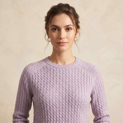 Women's cable-knit cashmere crewneck sweater, Grace in Lilac - view 5