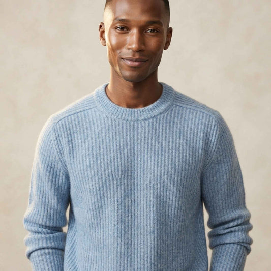 Men's ultra-thick 4-ply cashmere crewneck sweater in Sky Blue — view 8
