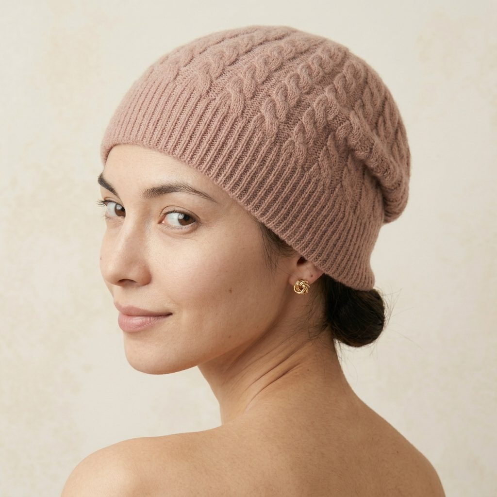 WCBP Women's Cashmere Beanie - Heritage Cable Knit Blush Pink 5
