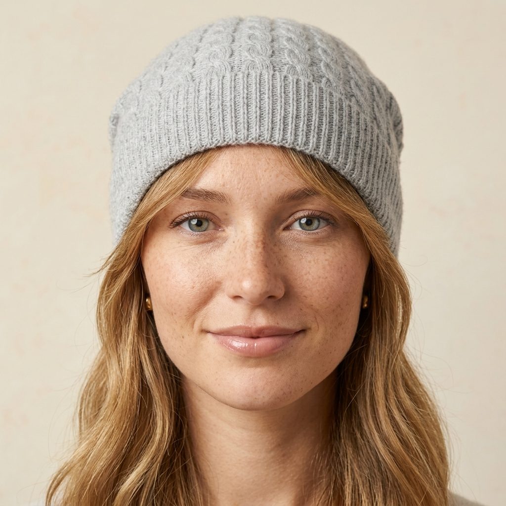 WCLM Women's Undyed Cashmere Beanie - Heritage Cable Knit Light Grey Melange 3