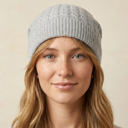 WCLM Women's Undyed Cashmere Beanie - Heritage Cable Knit Light Grey Melange 3
