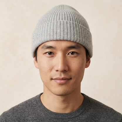 HRLM Men's Undyed Cashmere Beanie - Haven Ribbed Light Grey Melange 3