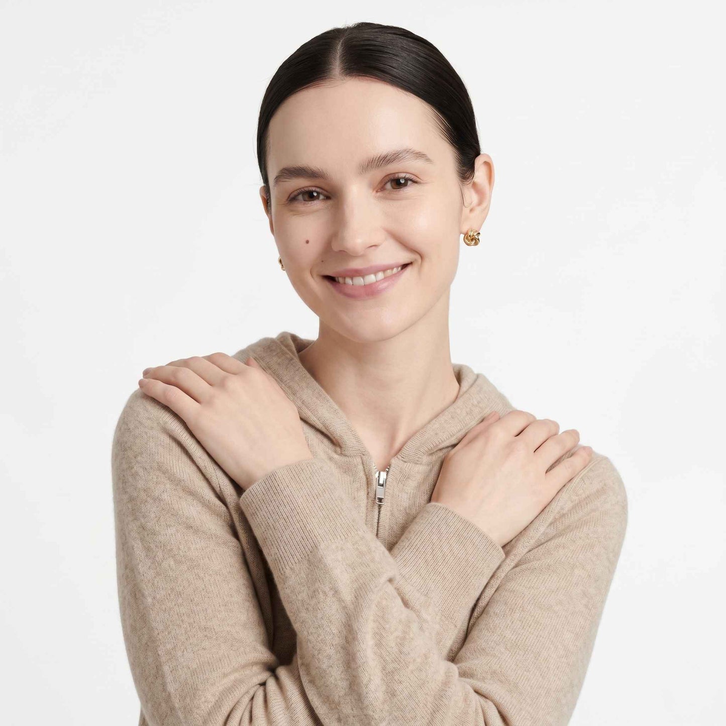 100% Undyed Cashmere Women's Zip Hoodie — Natural Melange, Chemical-Free