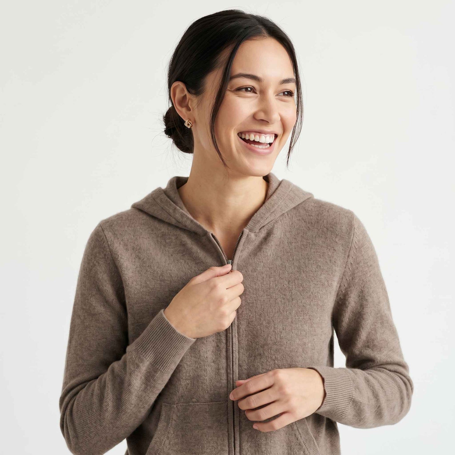 100% Undyed Cashmere Women's Zip Hoodie — Natural Melange, Chemical-Free