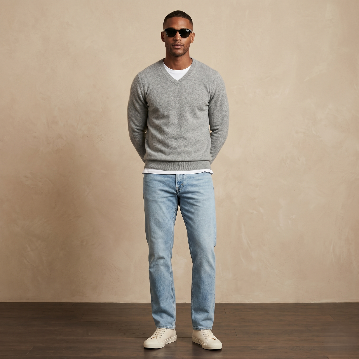 Authentic Heather Gray Original V-Neck Full Sleeve Himalayan Cashmere Sweater