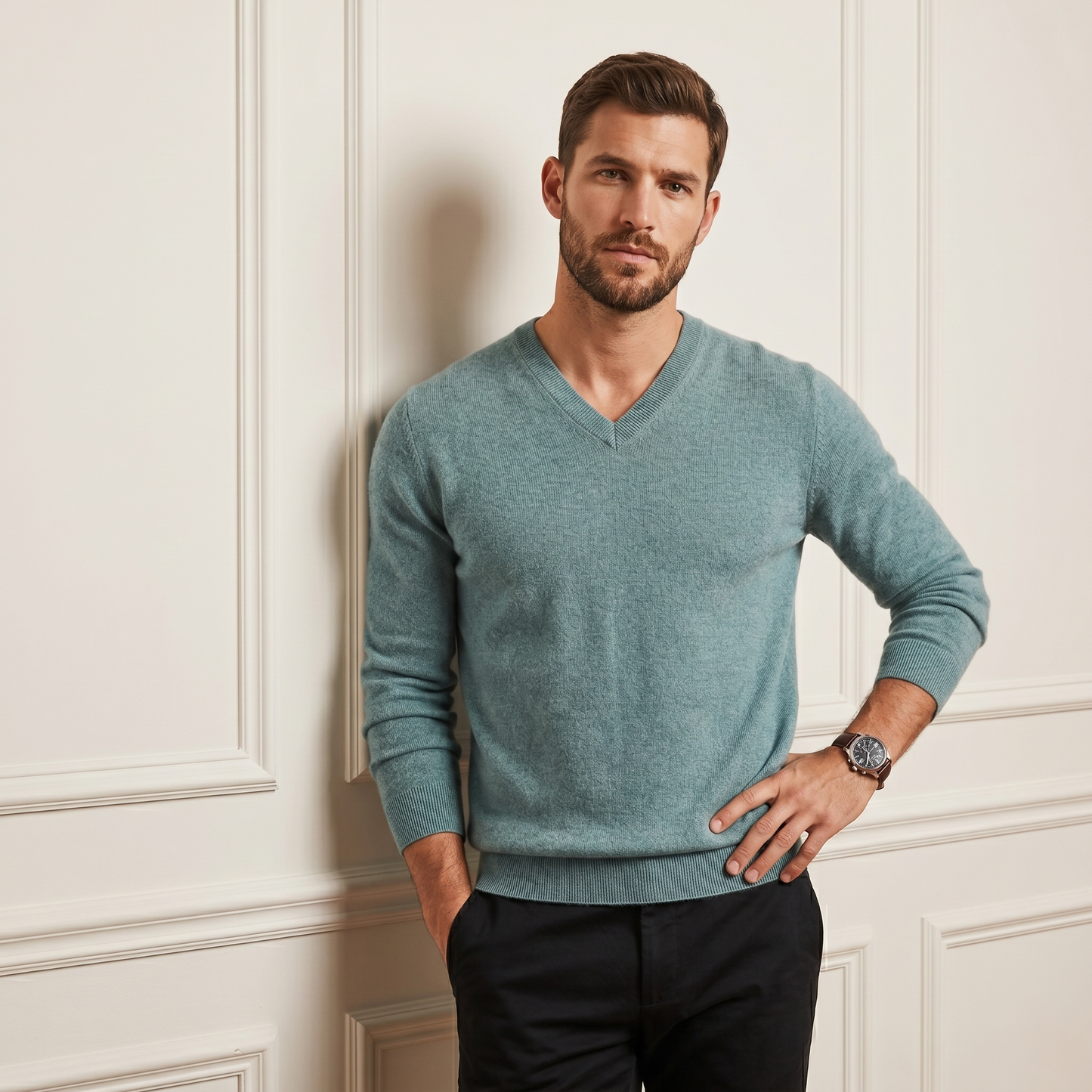 Authentic Heathered Jade Original V-Neck Full Sleeve Himalayan Cashmere Sweater for Men