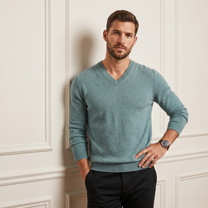 Authentic Heathered Jade Original V-Neck Full Sleeve Himalayan Cashmere Sweater for Men