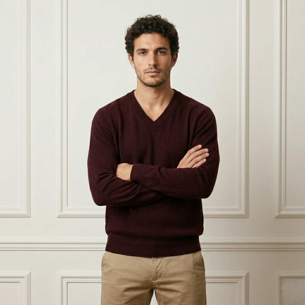 Authentic Wine Red Original V-Neck Full Sleeve Himalayan Cashmere Sweater for Men