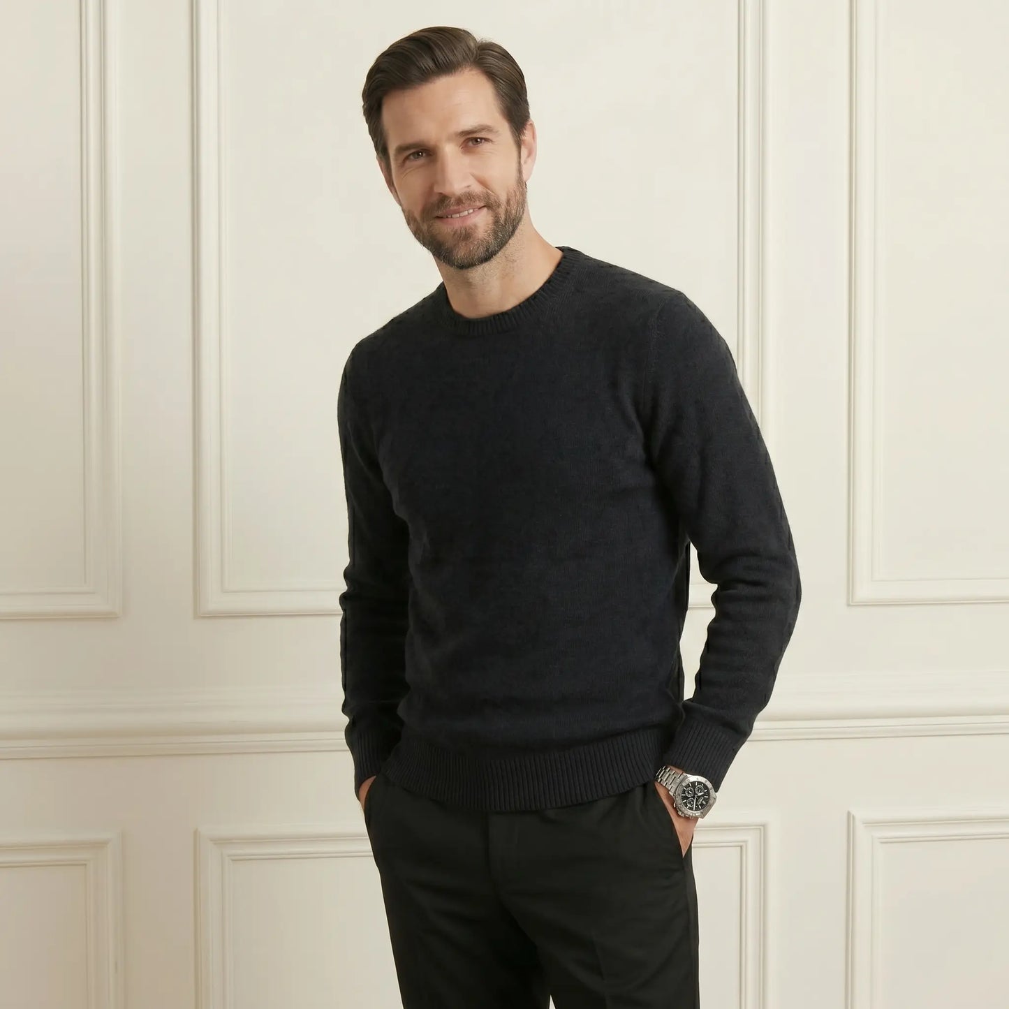Black Original Crewneck Himalayan Cashmere Full Sleeve Sweater for men