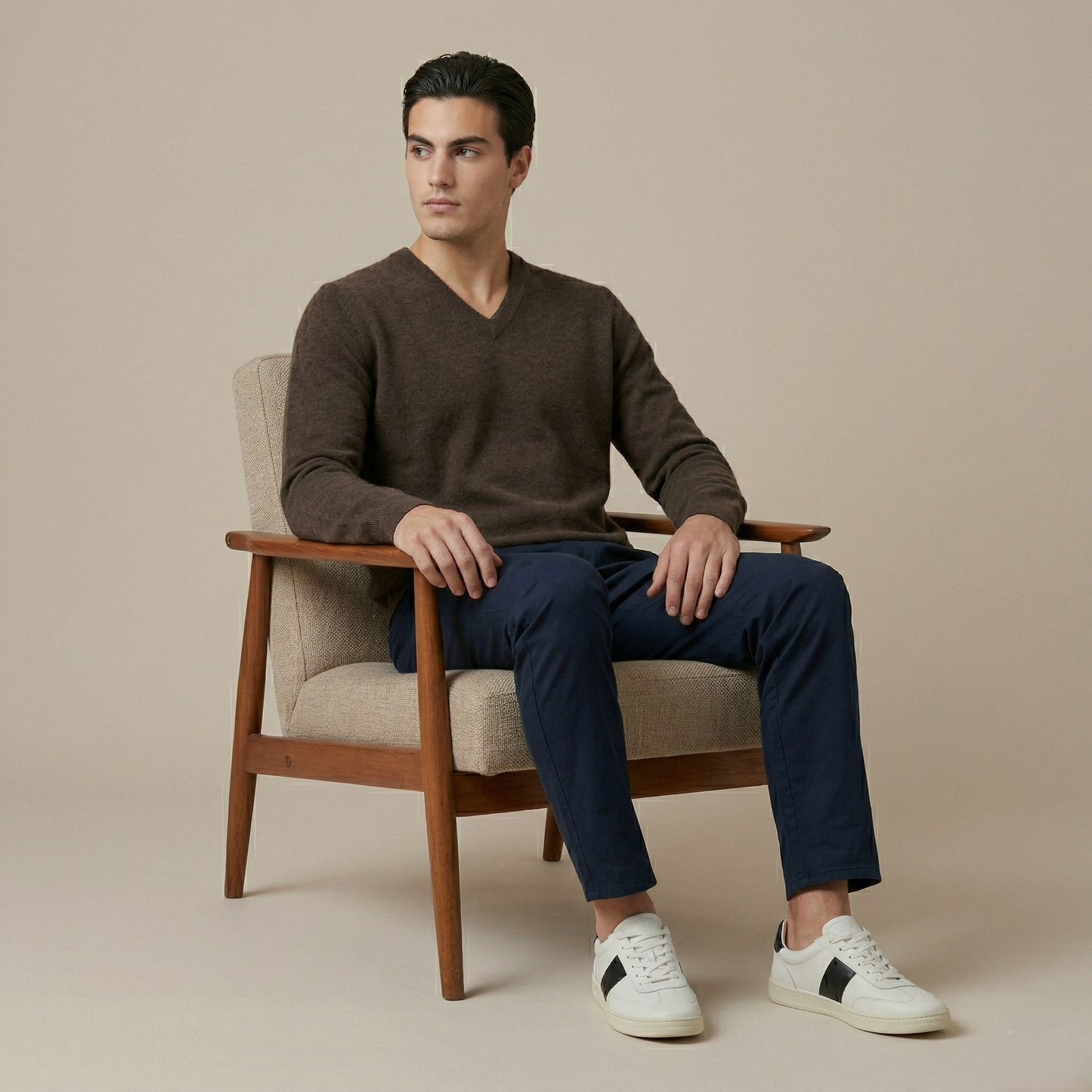 Brown V-Neck Himalayan Cashmere Sweater
