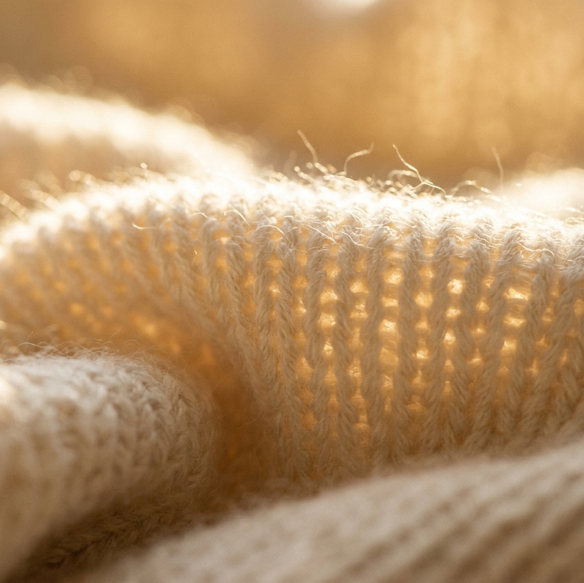 Close-up of a soft knitted fabric in a warm cream or beige tone, with the knit texture clearly visible under bright, diffused light.