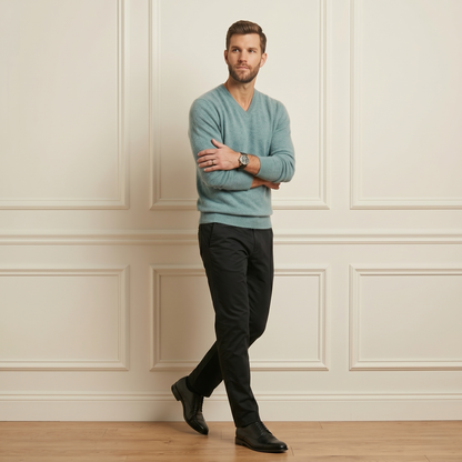 Exclusive Heathered Jade Original V-Neck Full Sleeve Himalayan Cashmere Sweater for Men