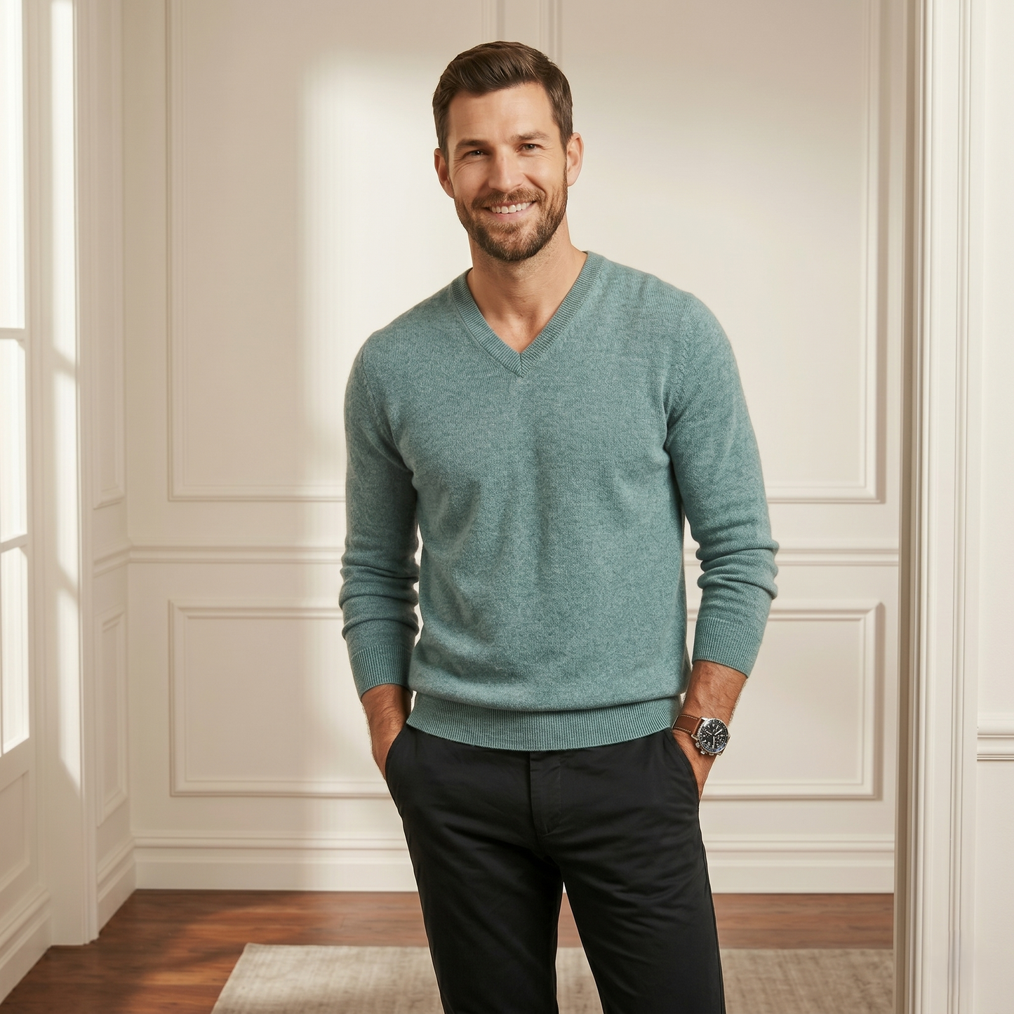 Exclusive Heathered Jade V-Neck Himalayan Cashmere Sweater