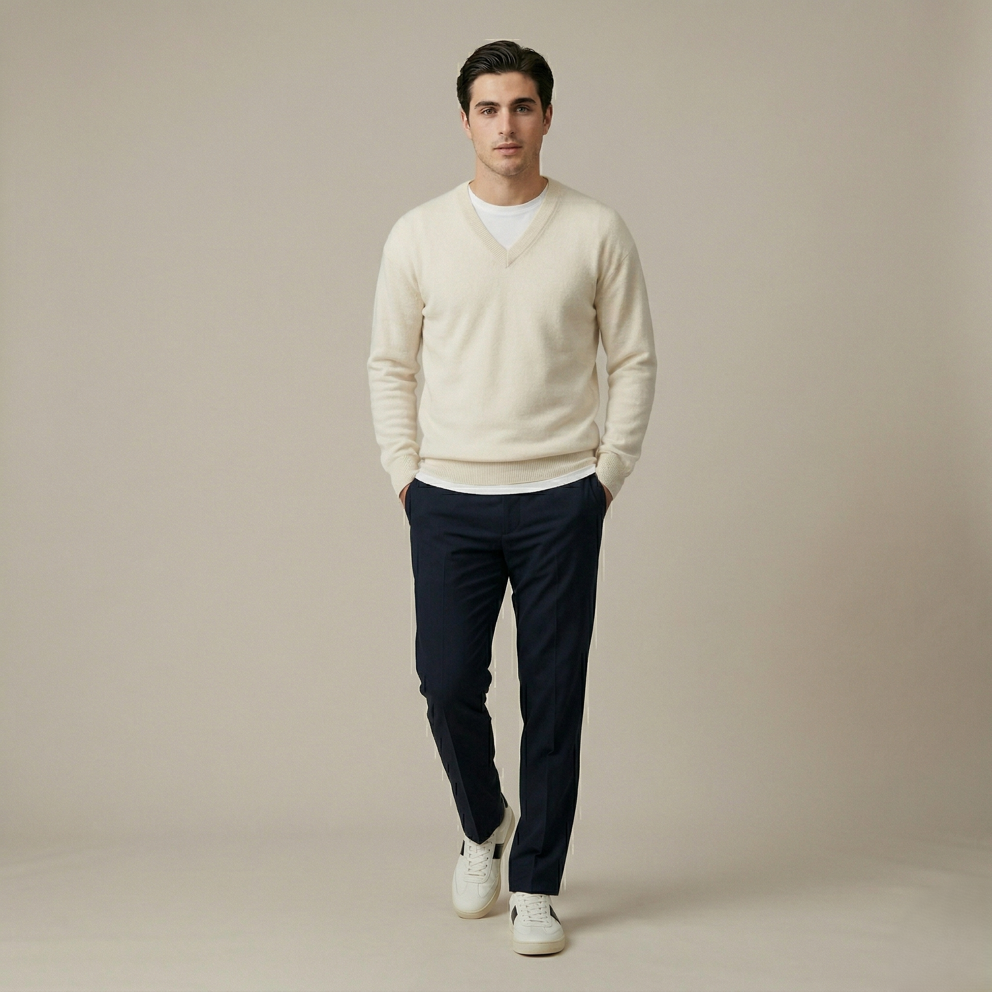 Exclusive Off-white V-Neck Himalayan Cashmere full sleeve Sweater for Men