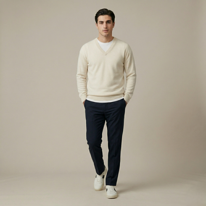 Exclusive Off-white V-Neck Himalayan Cashmere full sleeve Sweater for Men