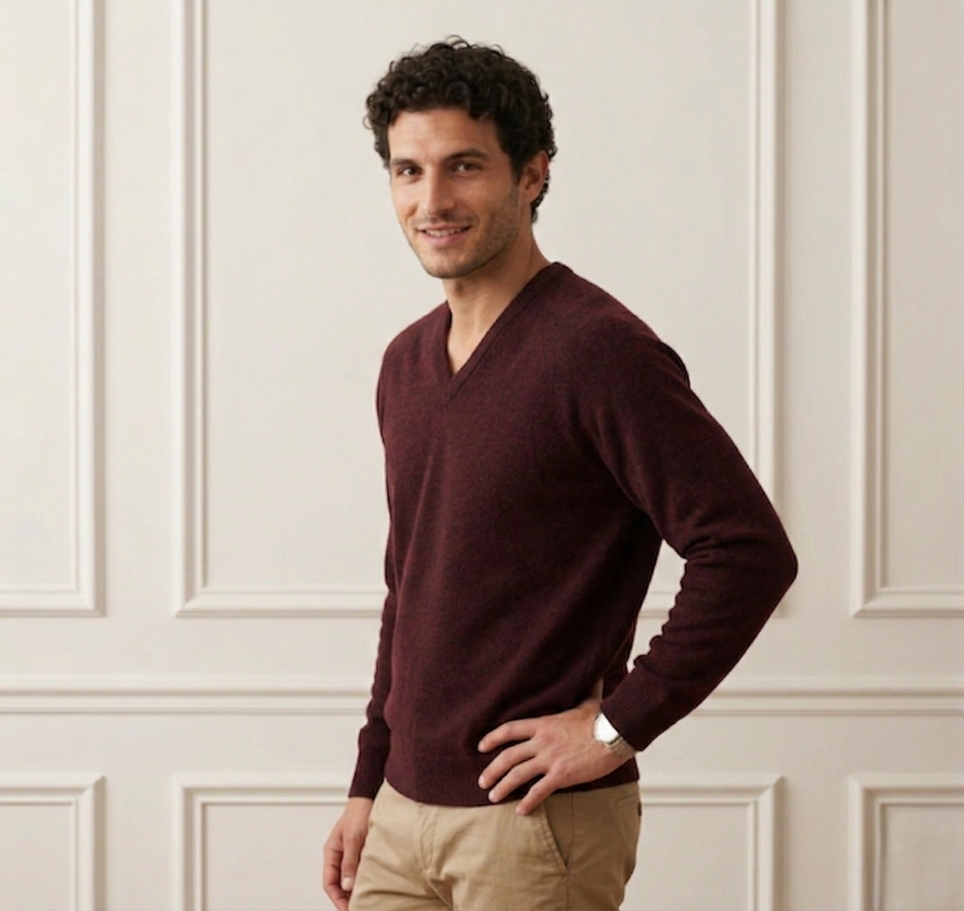 Exclusive Wine Red Original V-Neck Himalayan Cashmere Sweater