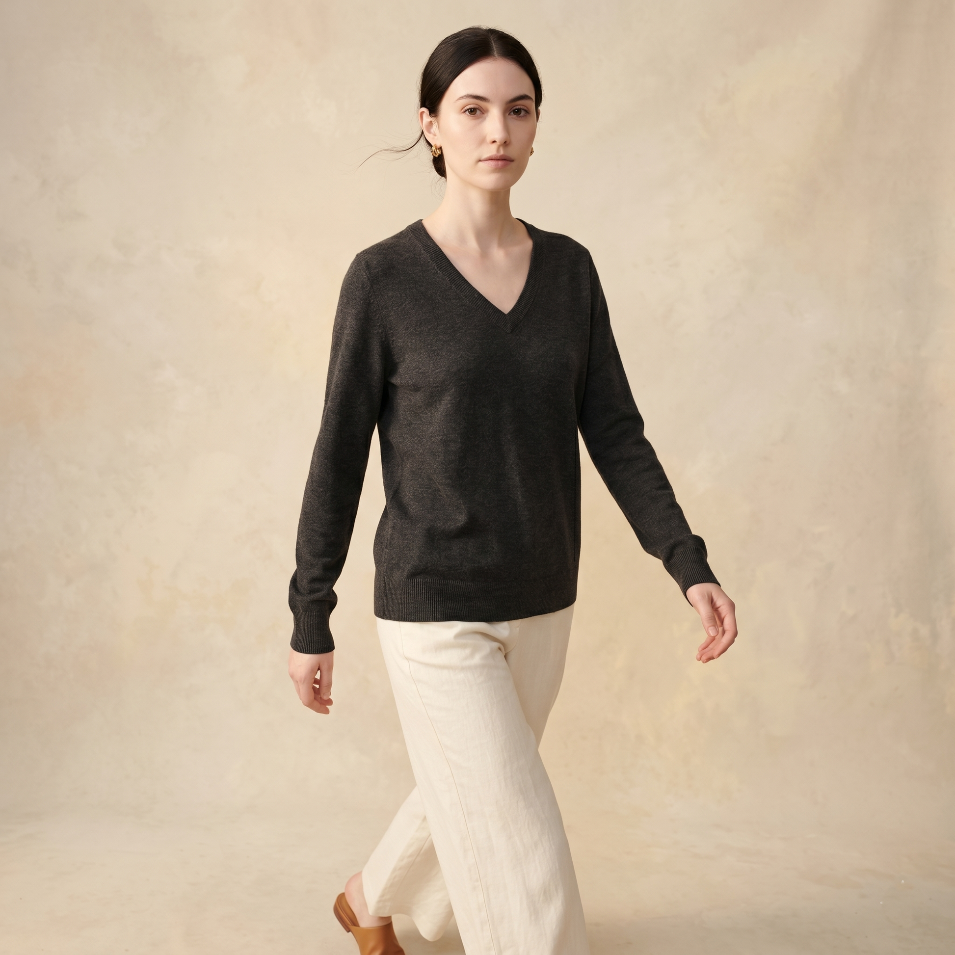 V - Neck Undyed Cashmere Sweater For Women