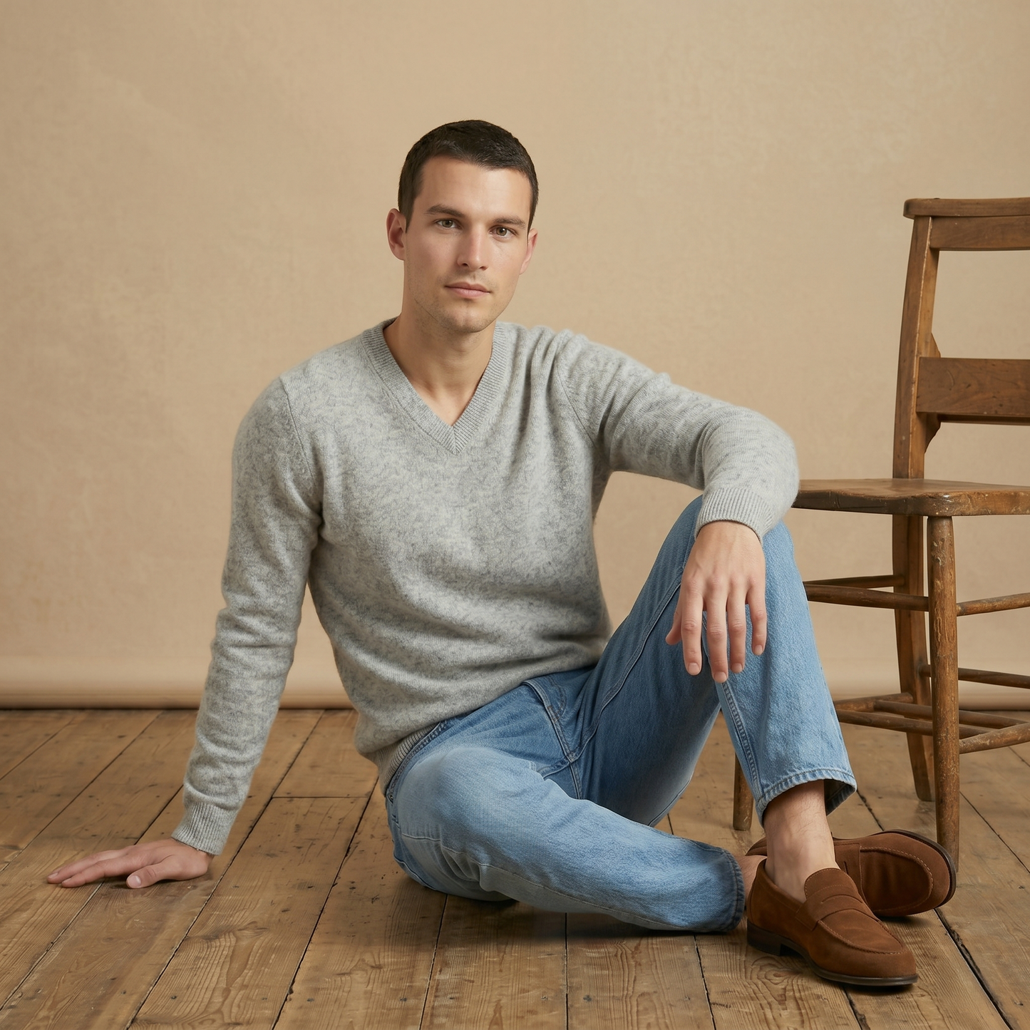 Executive V-Neck Undyed Himalayan Cashmere Sweater