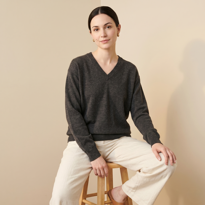 V - Neck Undyed Cashmere Sweater For Women