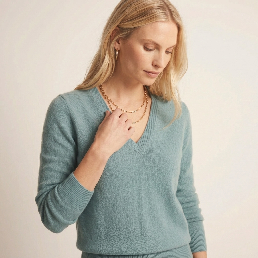 V-Neck Himalayan Cashmere Sweater For Women - Heathered Jade