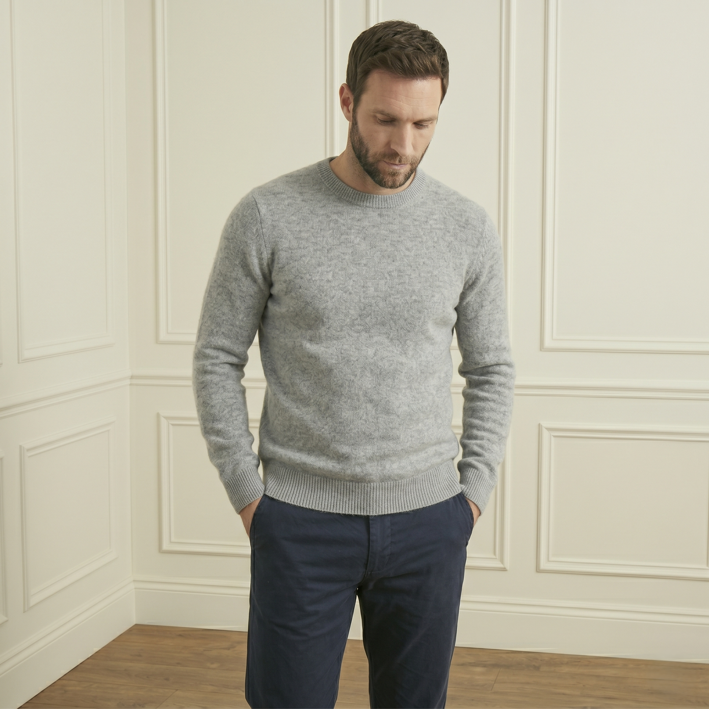 Authentic Heather Gray Crewneck Himalayan Cashmere Full Sleeve Sweater for Men