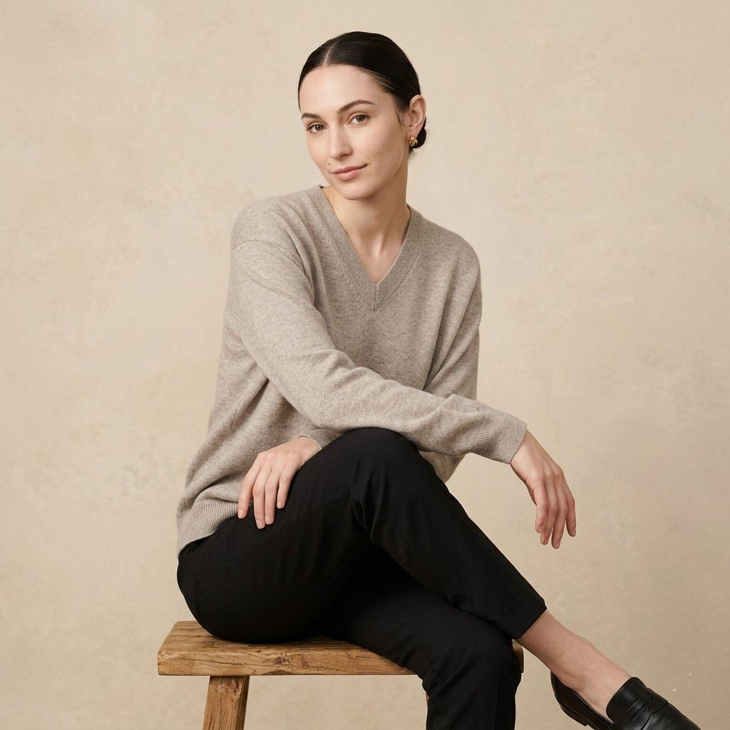 V - Neck Undyed Cashmere Sweater For Women