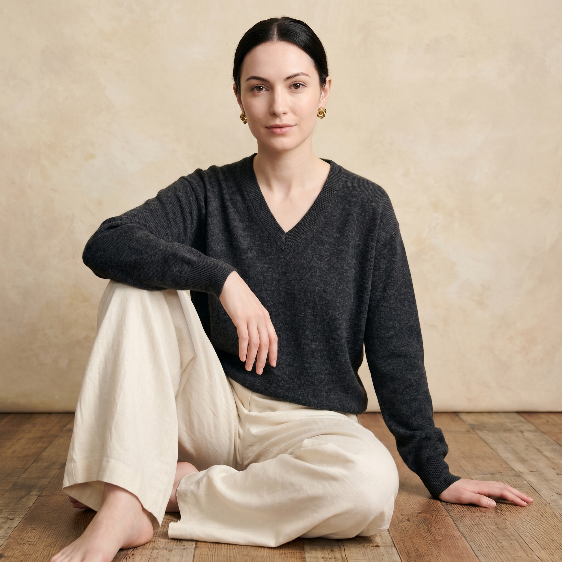 V - Neck Undyed Cashmere Sweater For Women